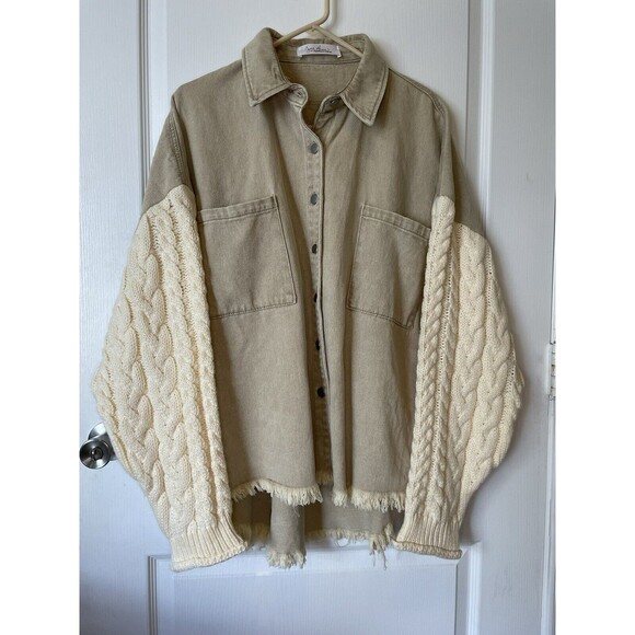 Jena Green By Apricot Lane Cable Knit Sweater Denim Jacket Large 100% Cotton - Picture 2 of 13